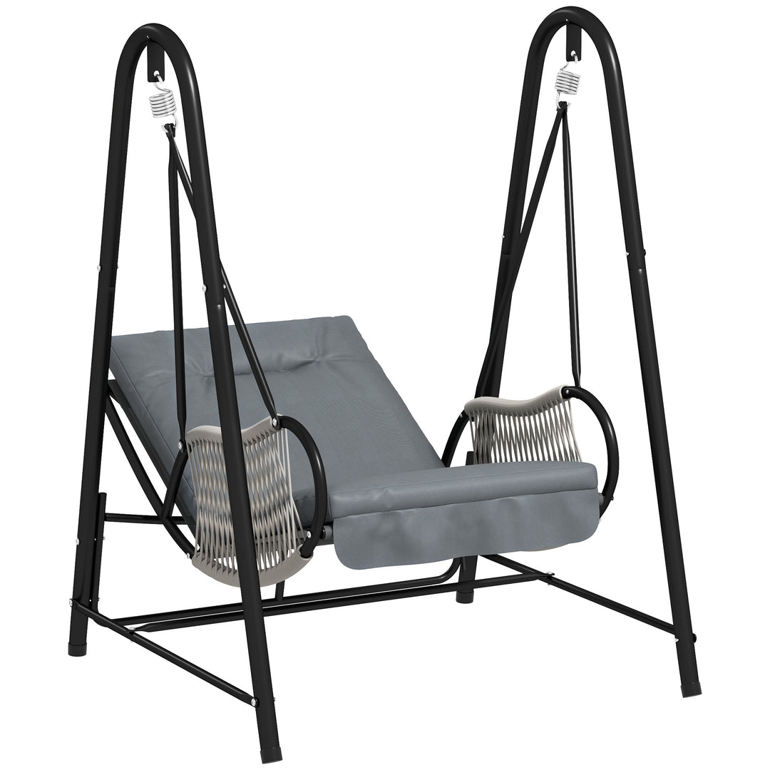 Rattan Swing Chair, Outdoor Garden Hanging Swing Seat with Stand and Seat Cushion, Porch Hanging Chair for Balcony, Garden, Deck, Light Grey