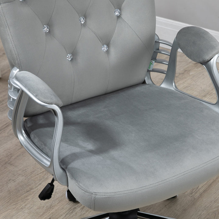 Velvet-Feel Work Chair, with Diamante Back - Grey