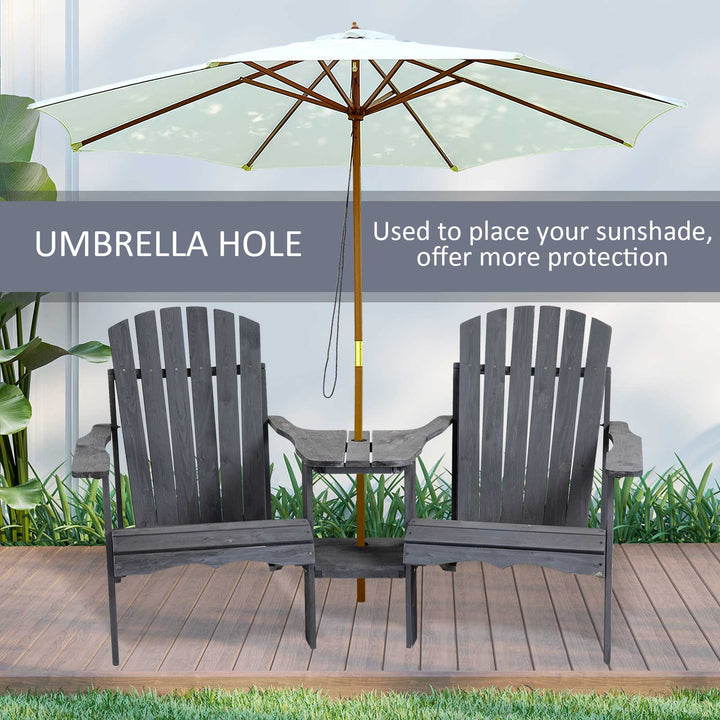 Wooden Outdoor Double Adirondack Chairs Loveseat w/ Centre Table and Umbrella Hole, Garden Patio Furniture for Lounging and Relaxing, Dark Grey