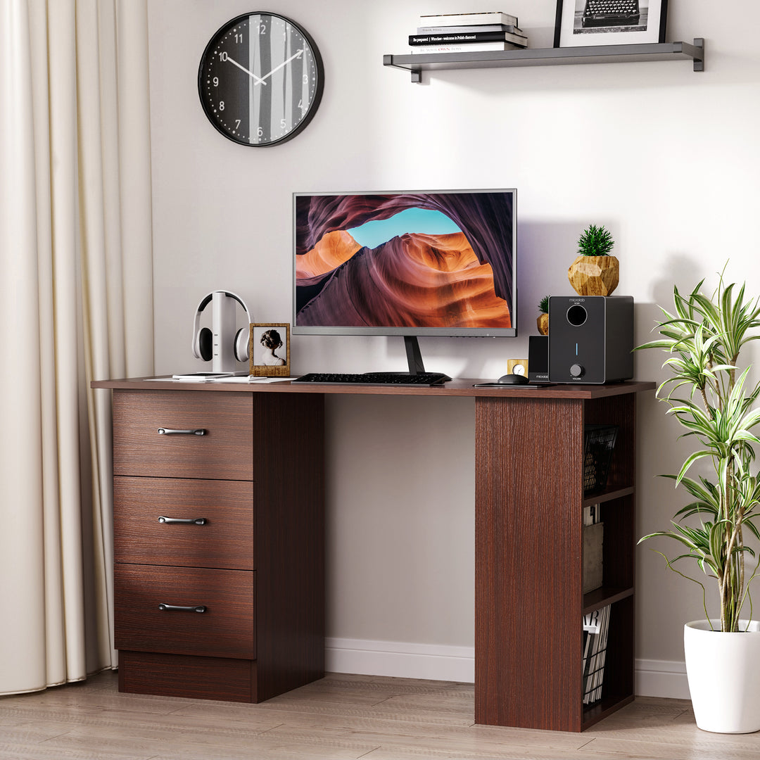 MCL Computer Desk, Writing Table, PC Workstation with 3 Storage Shelves and Drawers, Black Handle, for Home Office, Walnut Brown