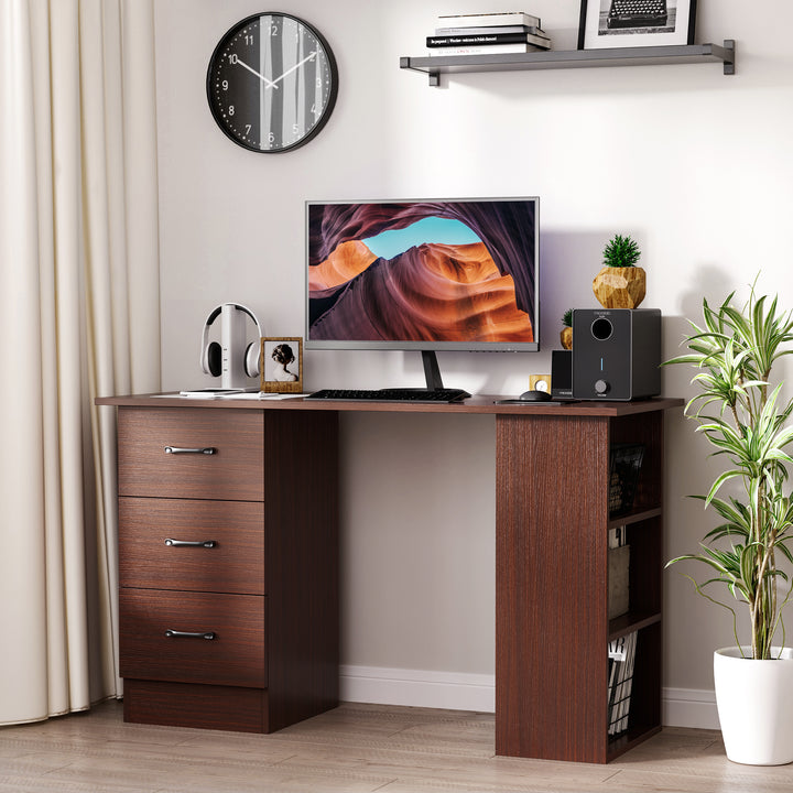 MCL Computer Desk, Writing Table, PC Workstation with 3 Storage Shelves and Drawers, Black Handle, for Home Office, Walnut Brown