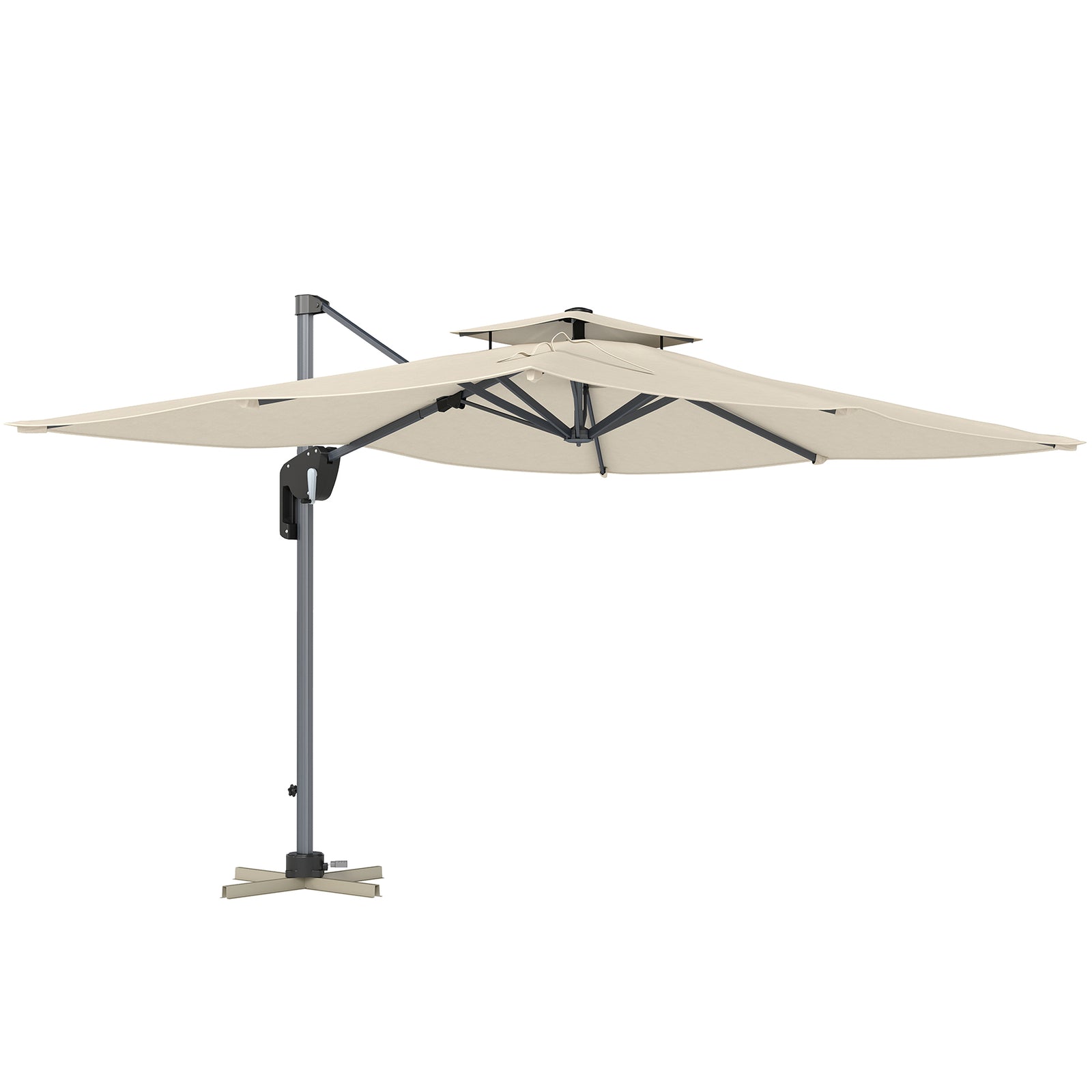 3.7 x 2.7 m Cantilever Parasol w/ 360° Rotation and Easy Tilt Adjustment, Aluminium Hanging Offset Outdoor Umbrella w/ Double Top, Cross Base, UPF50+ Hanging Sun Shade, Grey Wood Effect Pole
