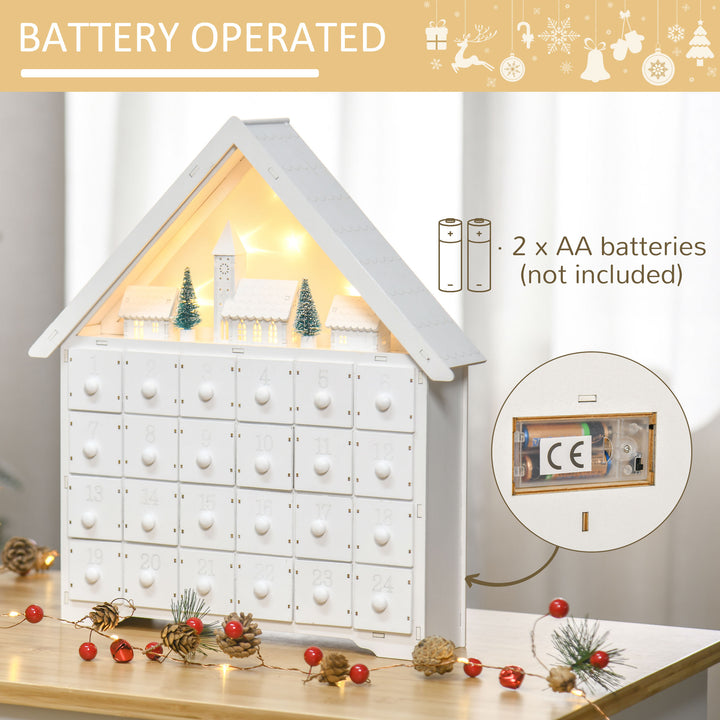 24-Drawer Christmas Advent Calendar, Wooden Light-Up Traditional Decoration, Adults Kids Countdown Holiday House w/ Lights Handle White