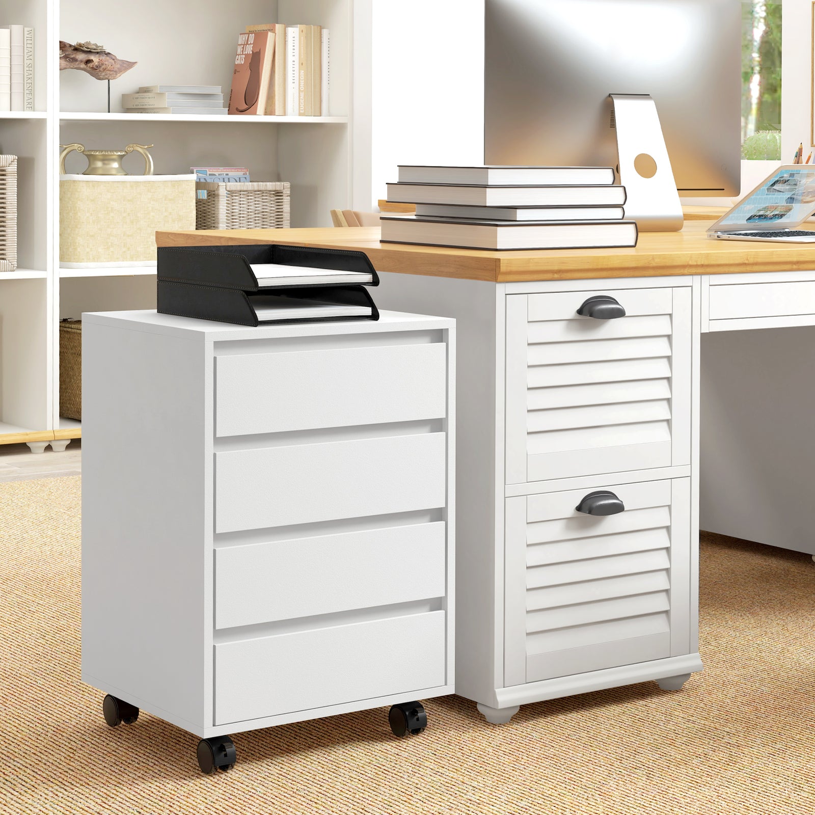Four-Drawer Office Filing Cabinet, with Wheels - White