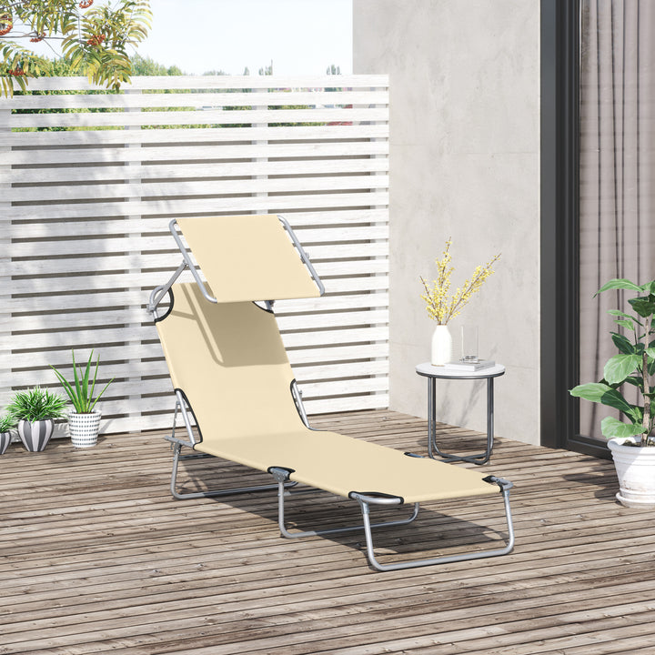 Outsunny Sun Lounger with Reclining Back, Folding Design & Sun Shade, Ideal for Garden & Beach, Beige