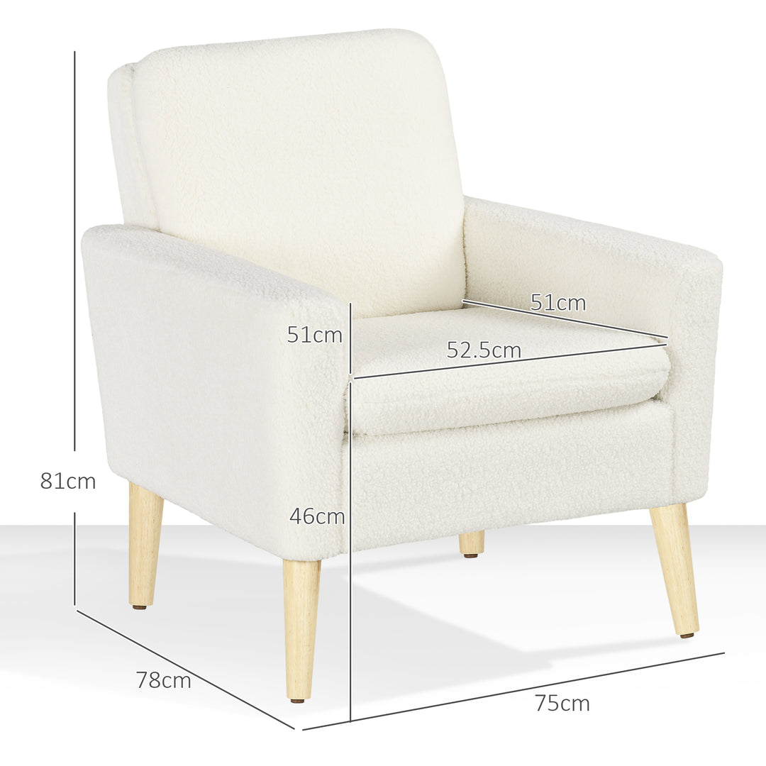 Armchair, Upholstered Accent Chair with Wood Legs and Wide Padded Seat, Teddy Occasional Chair, Cream White
