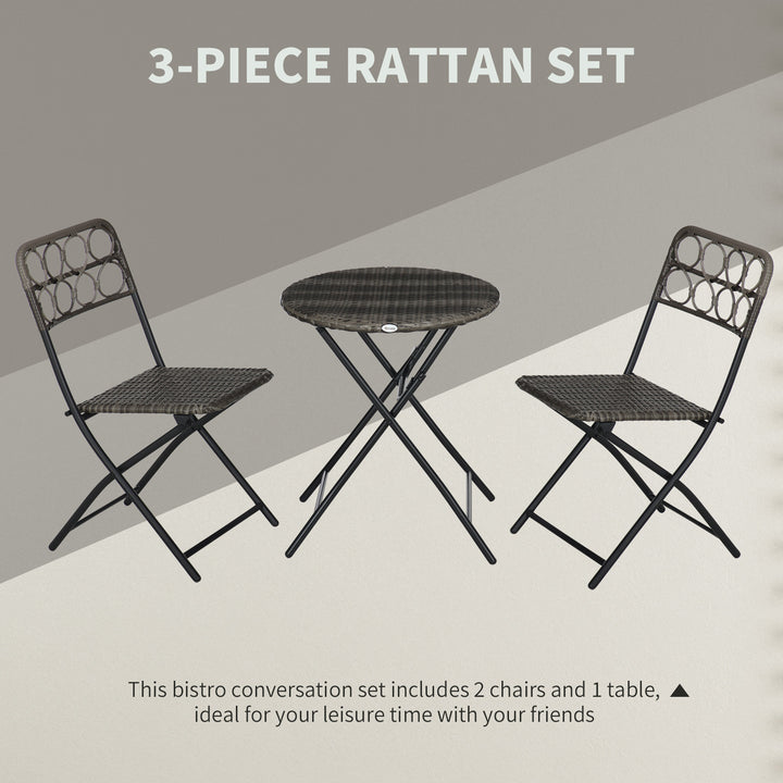 Outsunny Rattan Bistro Set 3 PCS with Folding Chairs and Table, Handwoven Coffee Set for Garden, Balcony & Poolside, Grey