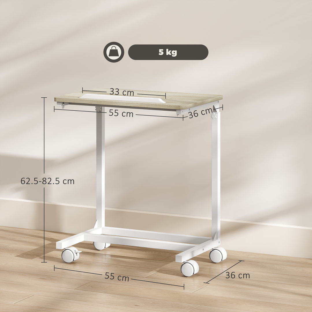 C-Shaped Sofa Side Table, Height Adjustable Overbed Table with Tilting Desktop, Mobile Laptop Desk for Living Room Bedroom, Oak and White