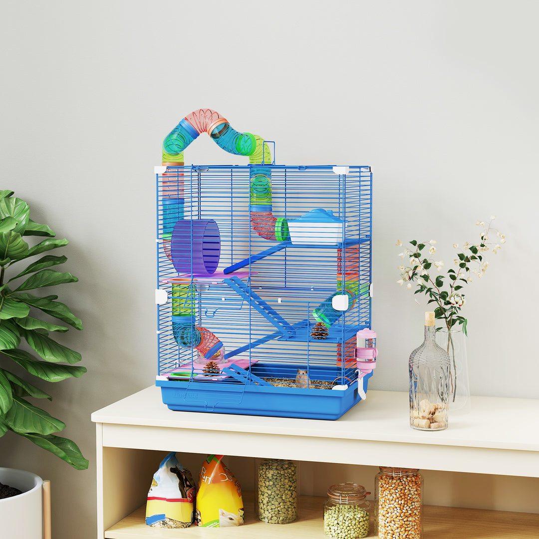 5 Tier Hamster Cage Carrier Habitat w/ Exercise Wheels, Tunnel, Blue