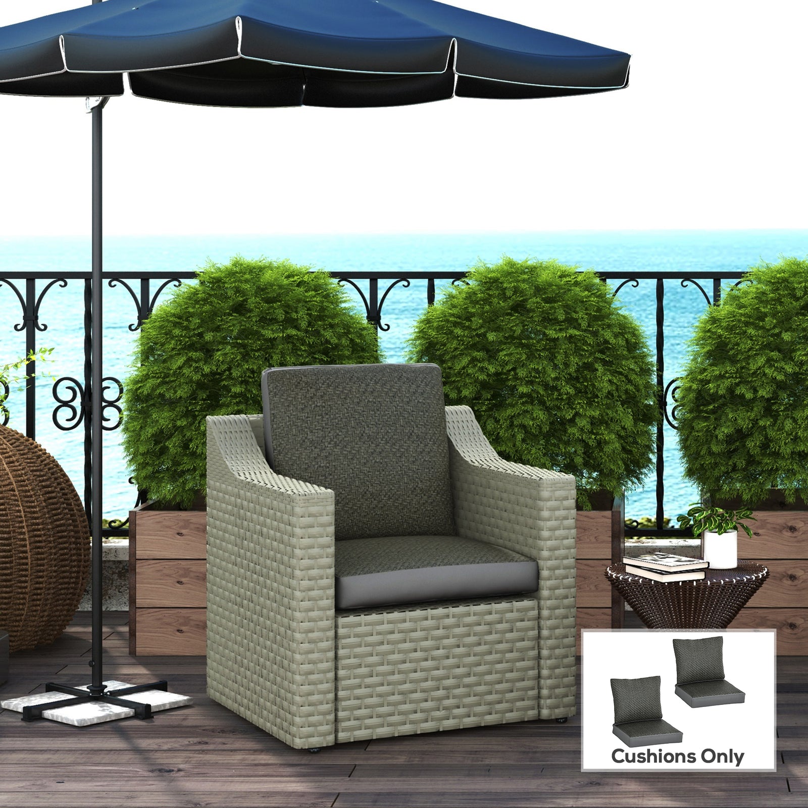 4 Pieces Outdoor Seat Cushions with Backrest, Fabric and PE Rattan Cover, Water Repellent Seat Pads for Chair, Swing, Sofa, Grey