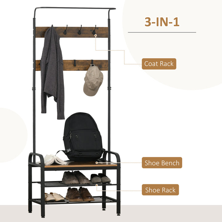MCL Coat Rack Stand Industrial hallway Shoe Rack Removable Hooks Metal Wood Hangers Storage Cabinet Rustic Brown 72L×34W×185H(cm)