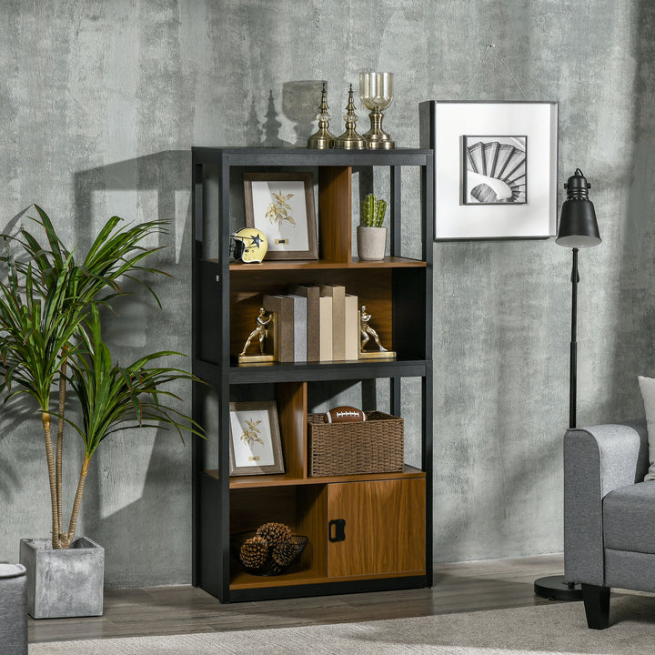 MCL Modern 4-Tier Bookshelf, Freestanding Bookcase with Storage Shelving and Closed Cabinet, for Living Room Home Office Study, Walnut Brown