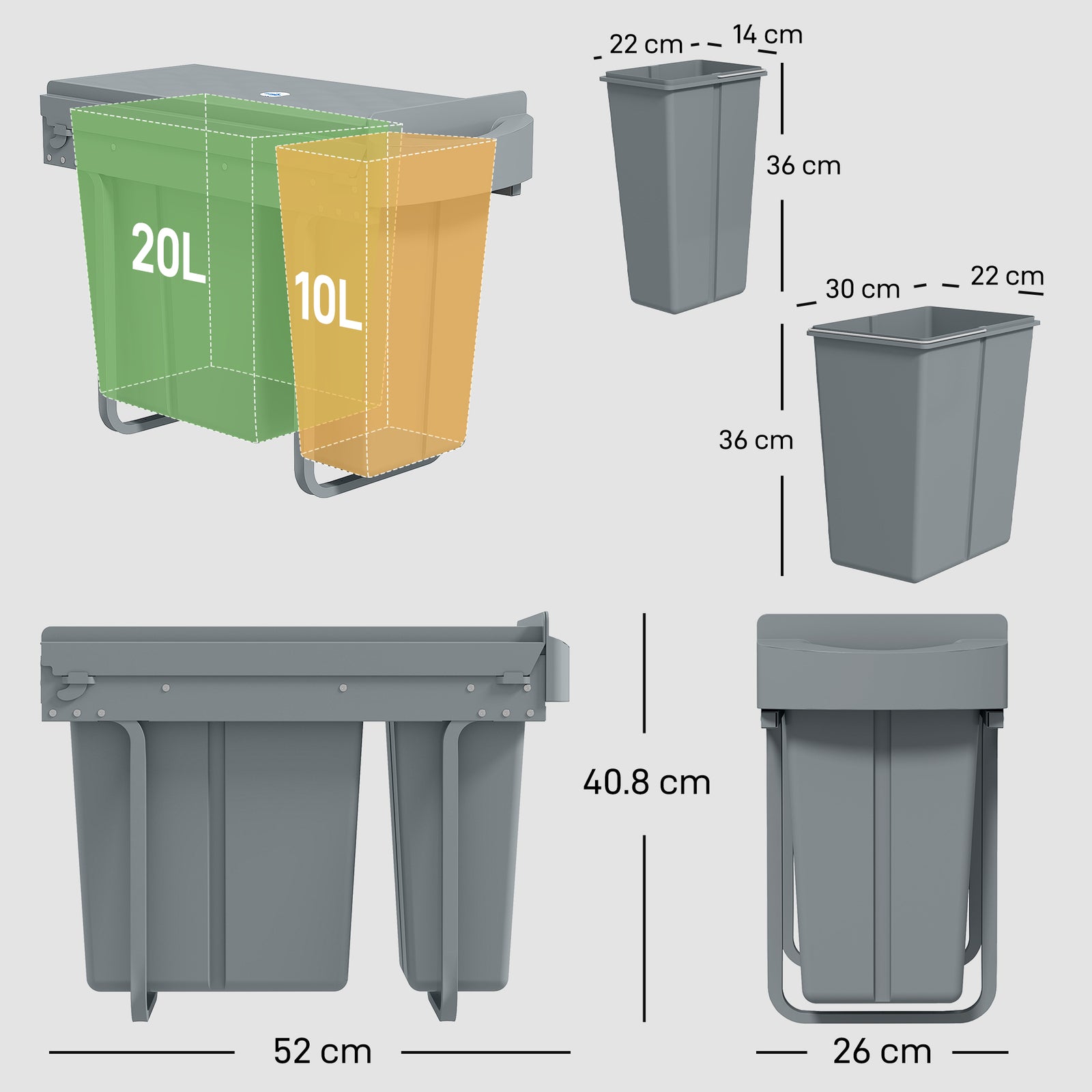 2 Removable Recycling, ContaineUnder-Sink Kitchen Trash Bin, Smooth Sl