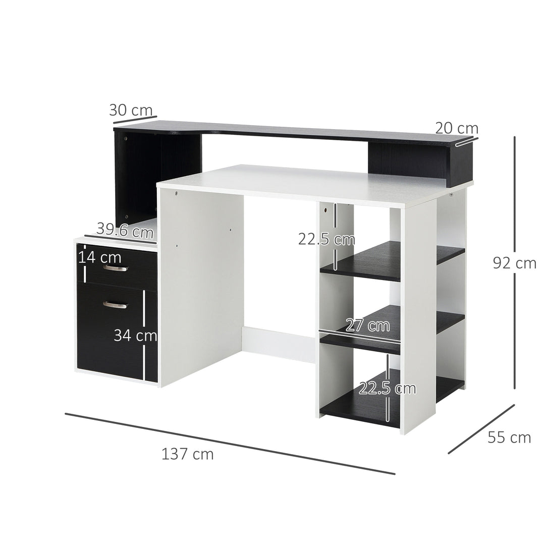 Computer Desk with Drawers and Storage Shelves, Office Desk Writing Table with Printer Stand, Large Workstation for Study Play Work Home Office, 137 x 55 x 92cm, Black and White