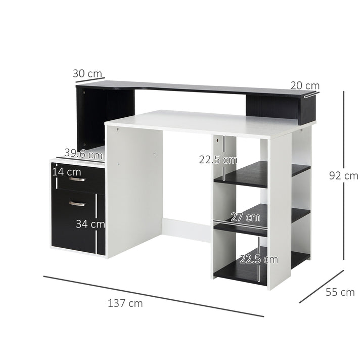 Computer Desk with Drawers and Storage Shelves, Office Desk Writing Table with Printer Stand, Large Workstation for Study Play Work Home Office, 137 x 55 x 92cm, Black and White