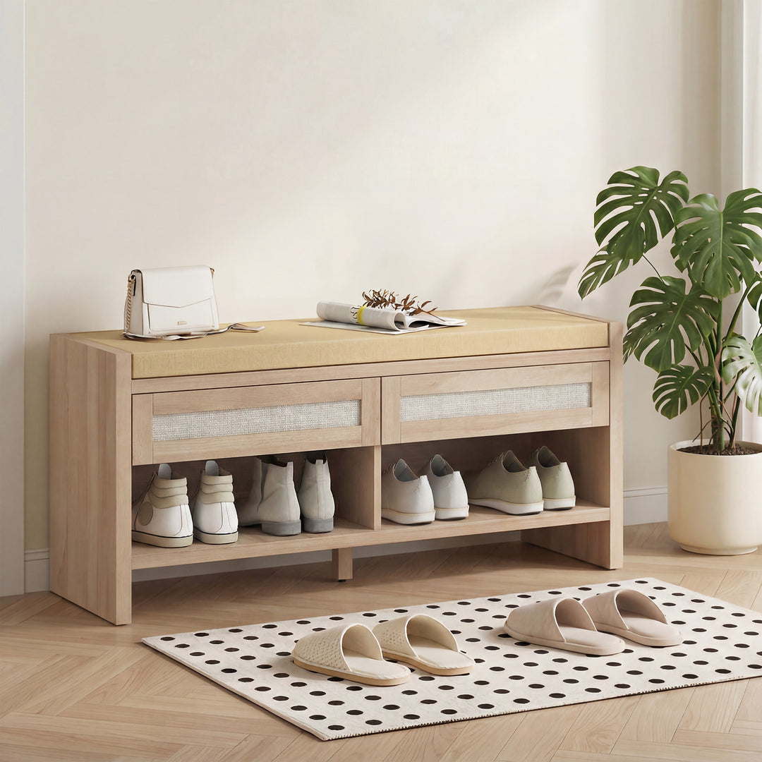 Boho Shoe Bench with 2 Rattan Drawers, Shoe Storage Bench with Cushion