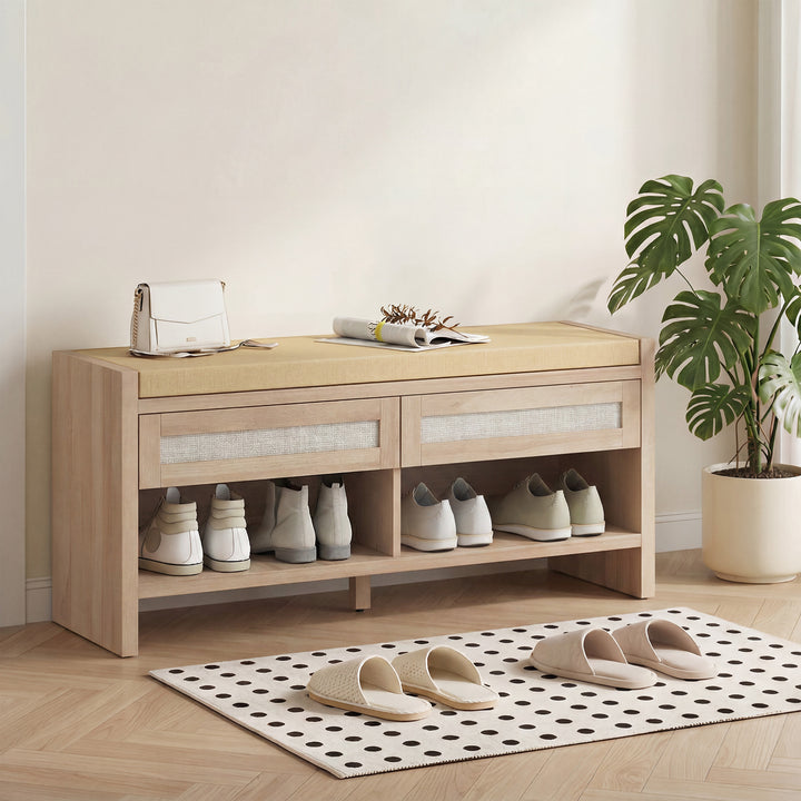 Boho Shoe Bench with 2 Rattan Drawers, Shoe Storage Bench with Cushion