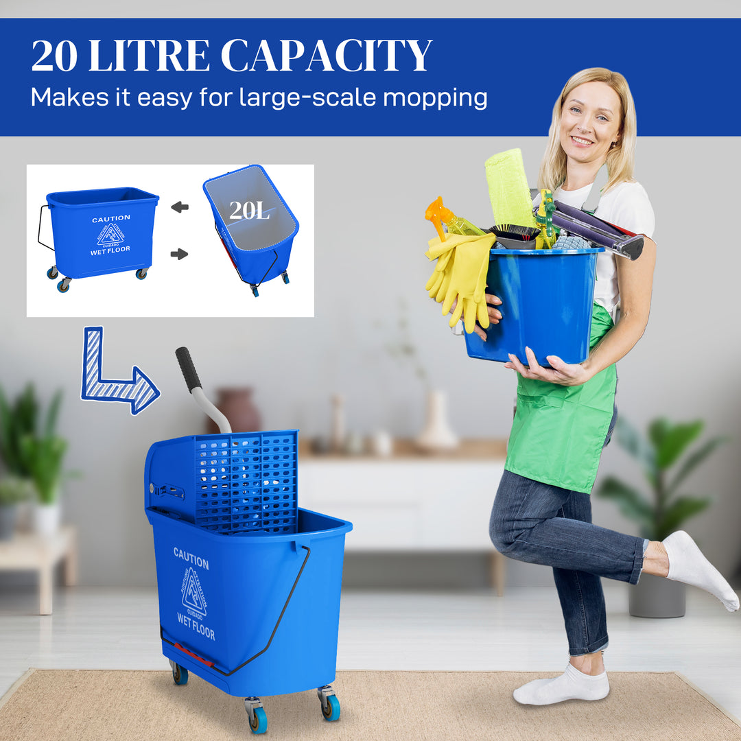 20L Compact Mop Bucket on Wheels, with Water Separation Panel - Blue