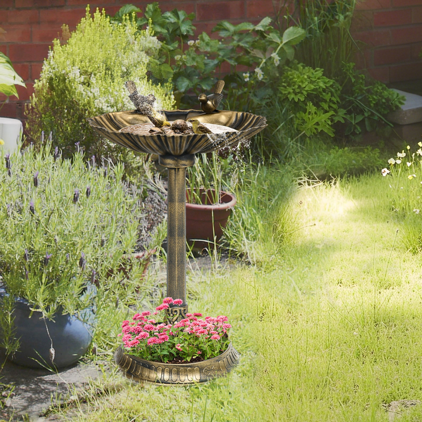 81cm Tall Bird Bath with 2 Decorative Birds, Vintage Style Birdbath with Flower Planter Base, Bird Bath Bowl for Garden, Bronze Tone