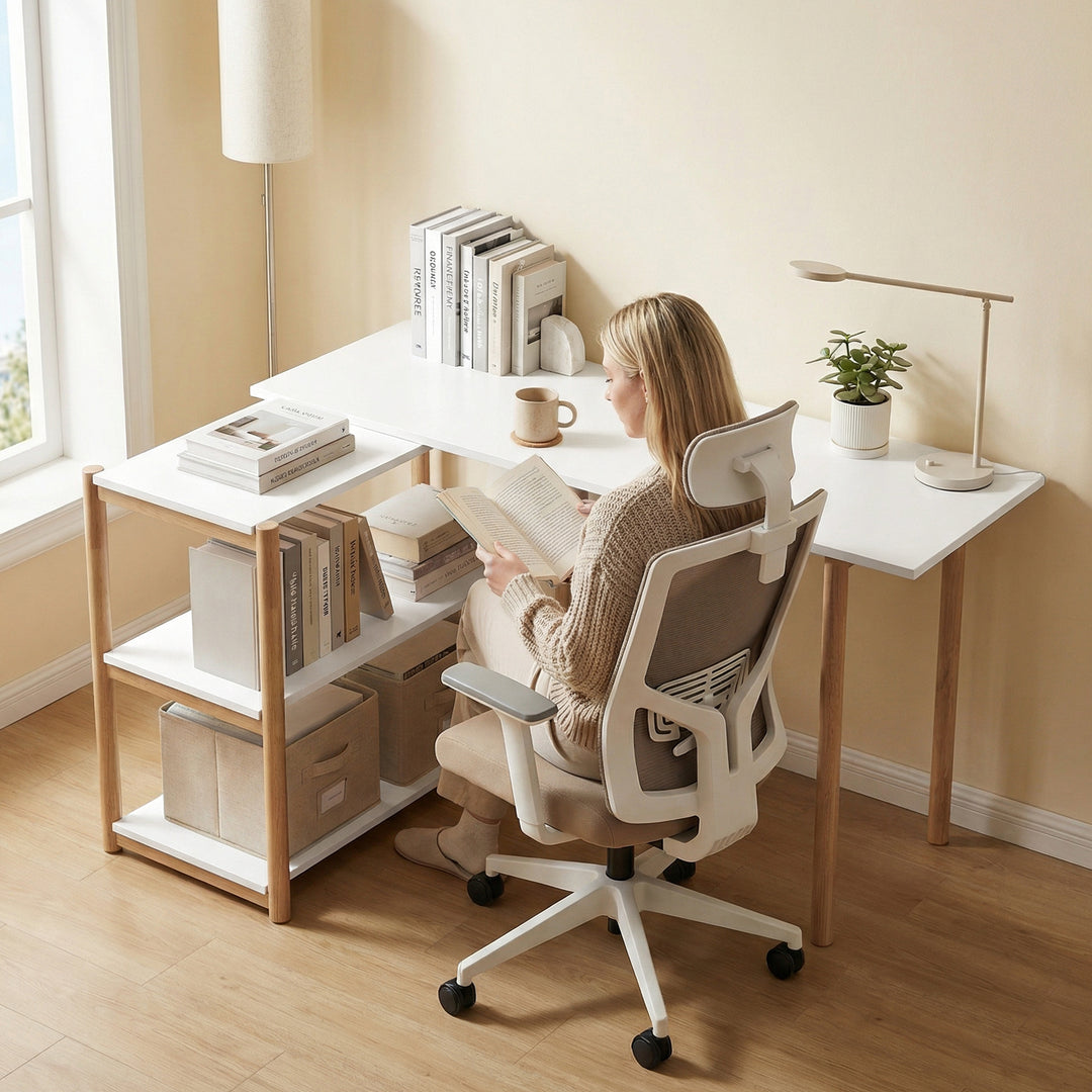 Computer Desk with Storage Shelves Modern Writing Desk Bamboo Frame fo