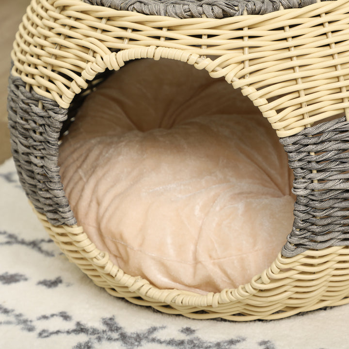 PawHut Wicker Cat Bed, Rattan Raised Cosy Kitten Cave, with Soft Washable Cushion, 妗?0 x 30cm | Aosom UK