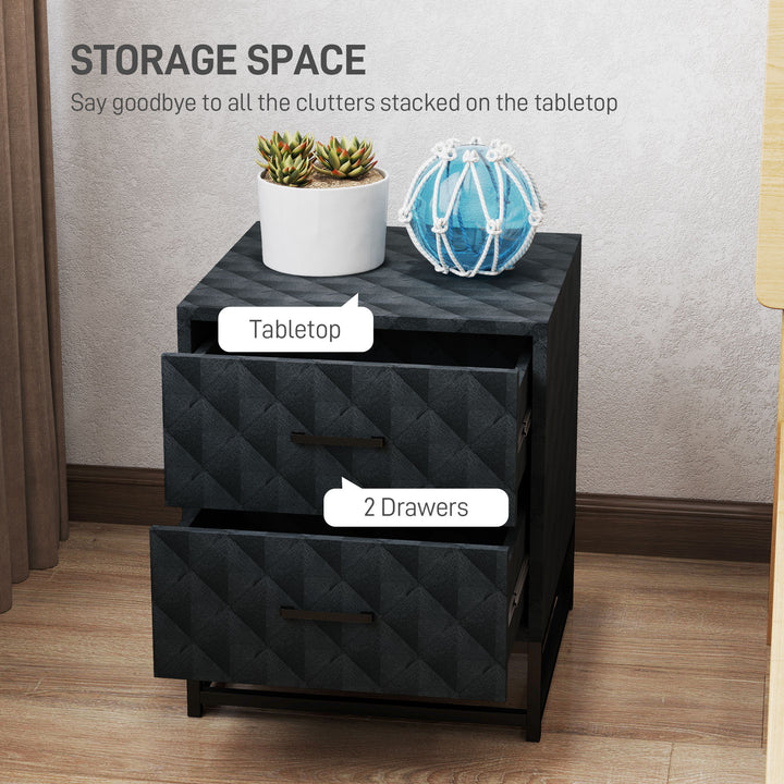 Bedside Tables Set of 2, Modern Bedside Table Nightstand with 2 Drawers, Bedside Cabinet Sofa Side Table with Storage, Steel Legs for Bedroom, Living Room, Black