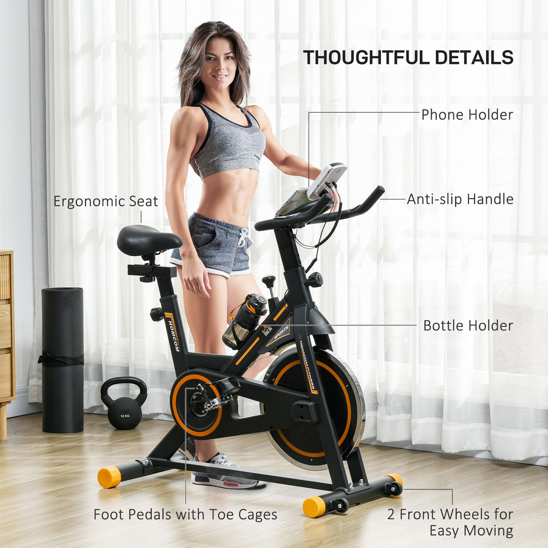 Exercise Bike, Indoor Cycling, with LCD Display, Heart Rate, Sensor - Black and Orange