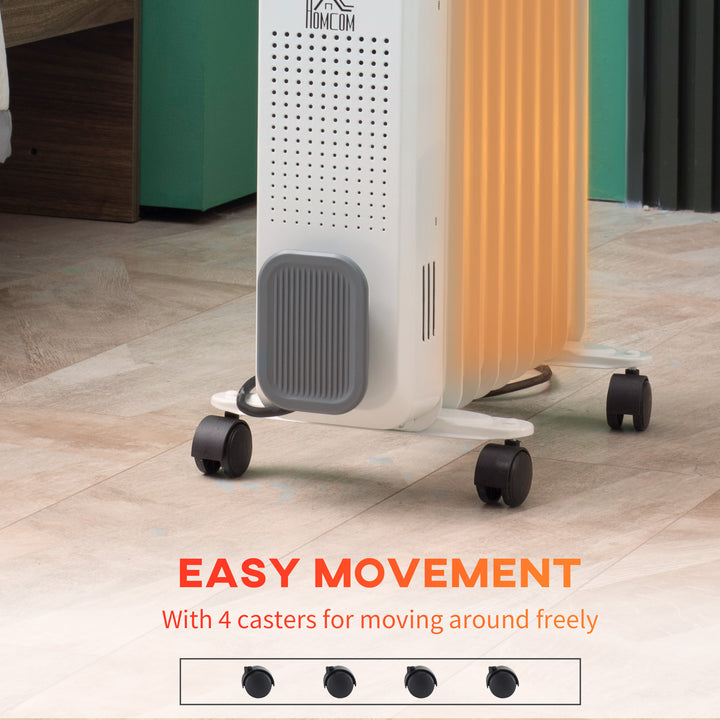 MCL 2000W Oil Filled Radiator, 9 Fin, Portable Electric Heater with 3 Heat Settings, Safety Cut-Off and Wheels, White