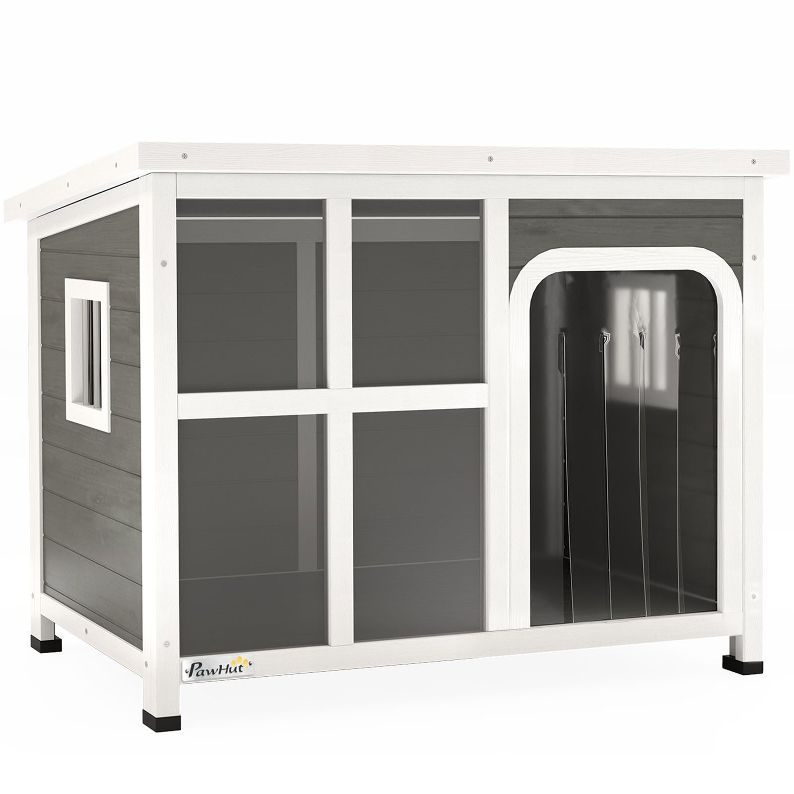 Wooden Outdoor Dog House with Asphalt Openable Top, Removable Floor, Clear Front Panel, Curtain, Light Grey