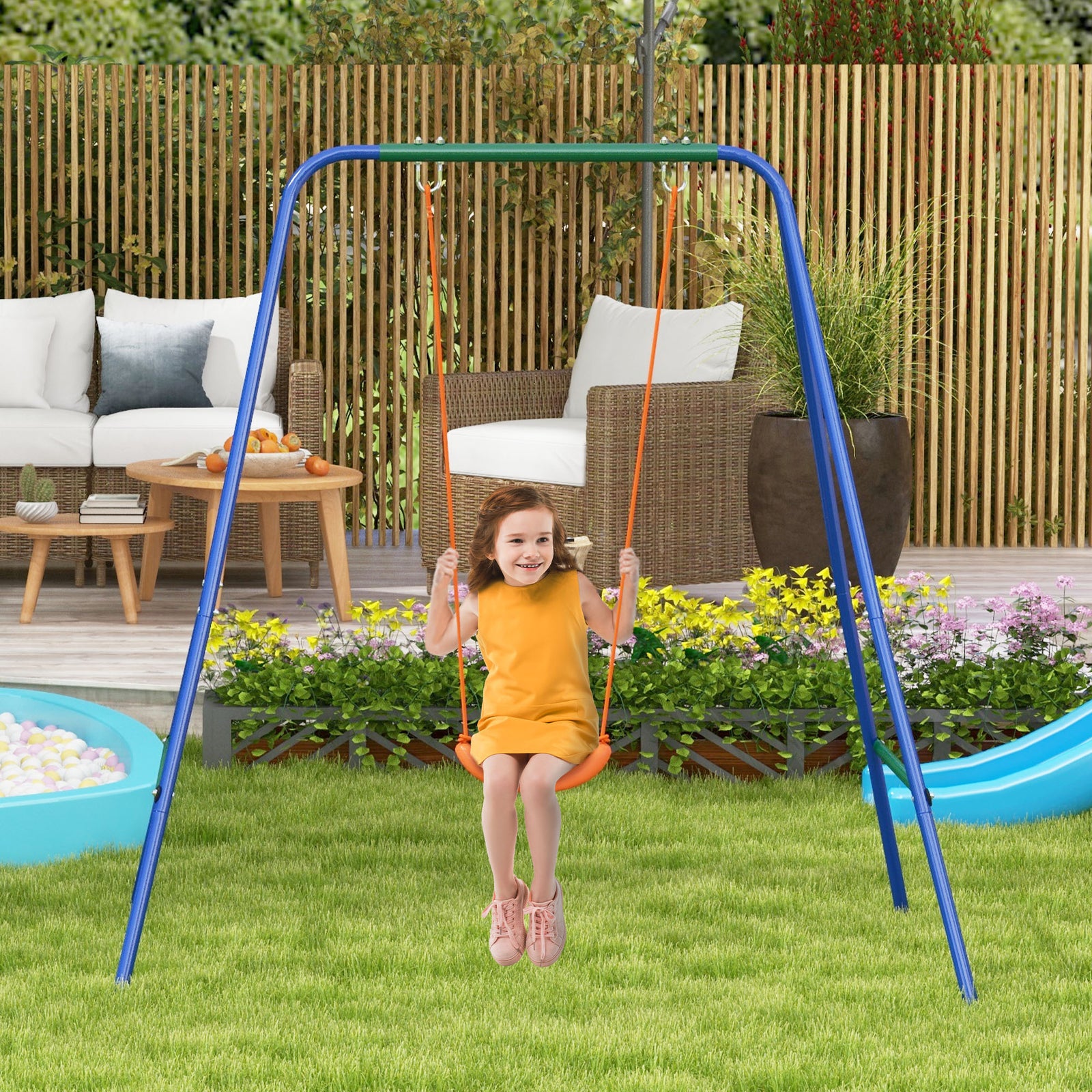 Two-In-One Toddler Garden Swing, with Comfortable Seat, Safety Belt - Orange and Blue