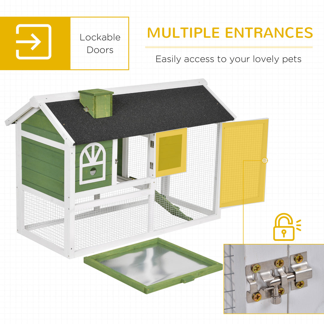 PawHut Rabbit Hutch Wood Bunny Rabbit Cage for Outdoor Indoor with Pull Out Tray Run Box Ramp Asphalt Roof for Small Animals Green | Aosom UK