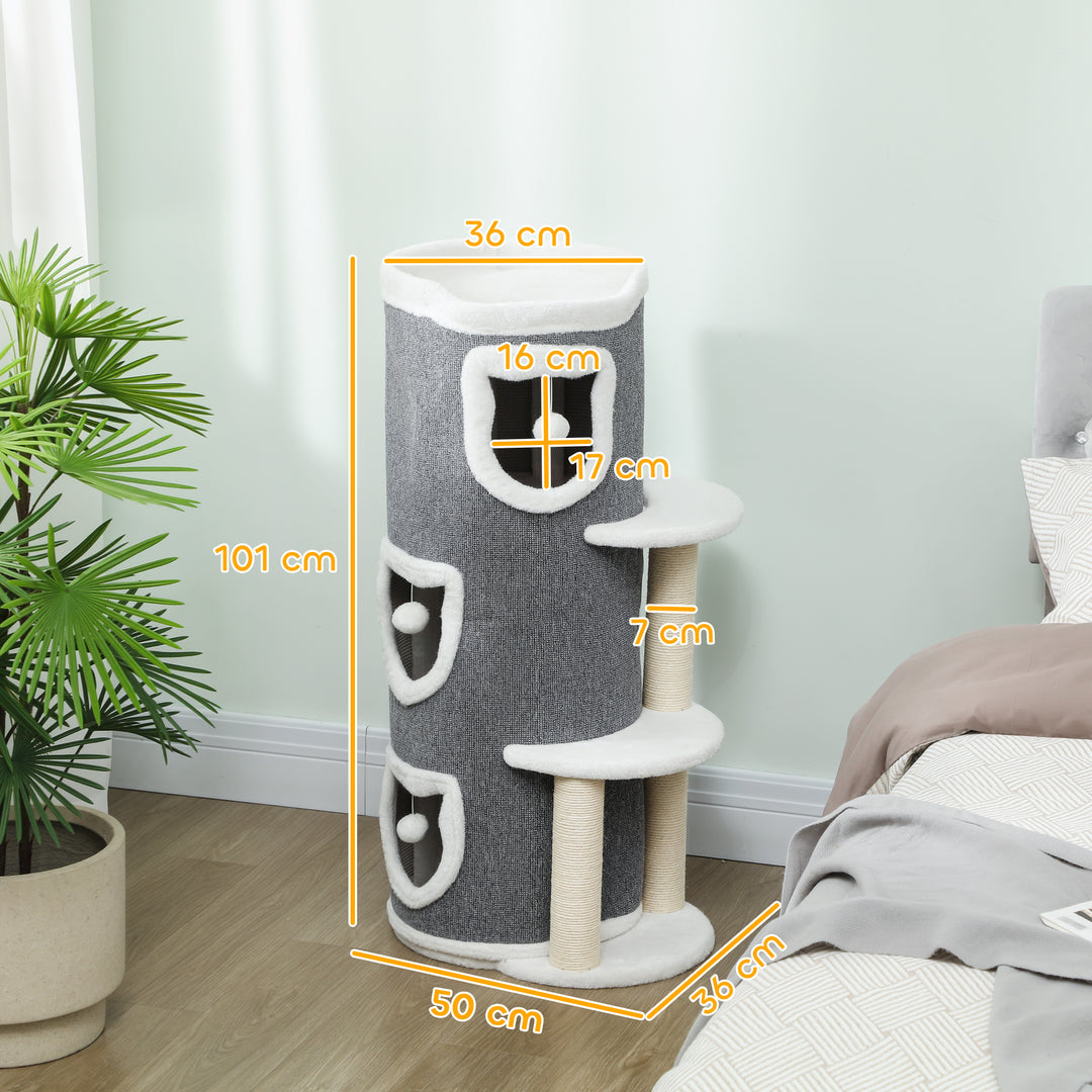 101 cm Cat Tree with Sisal Scratching Posts, 3 Barrel Condos, 3 Platfo