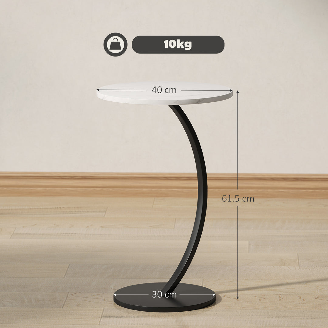C Shaped Side Table, Round Bedside Table with Marble Effect Top, Modern Coffee Table Sofa End Table with Metal Frame for Living Room Bedroom Office, White