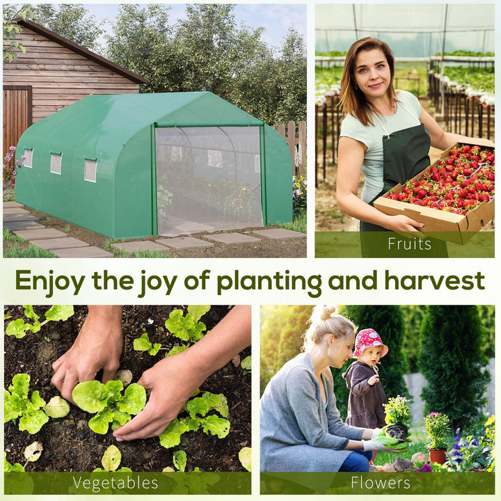 MCL Walk-in Polytunnel Garden Greenhouse, Outdoor Mesh Door Greenhouse with PE Cover and 6 Windows, 4.5 x 3 x 2m, Green