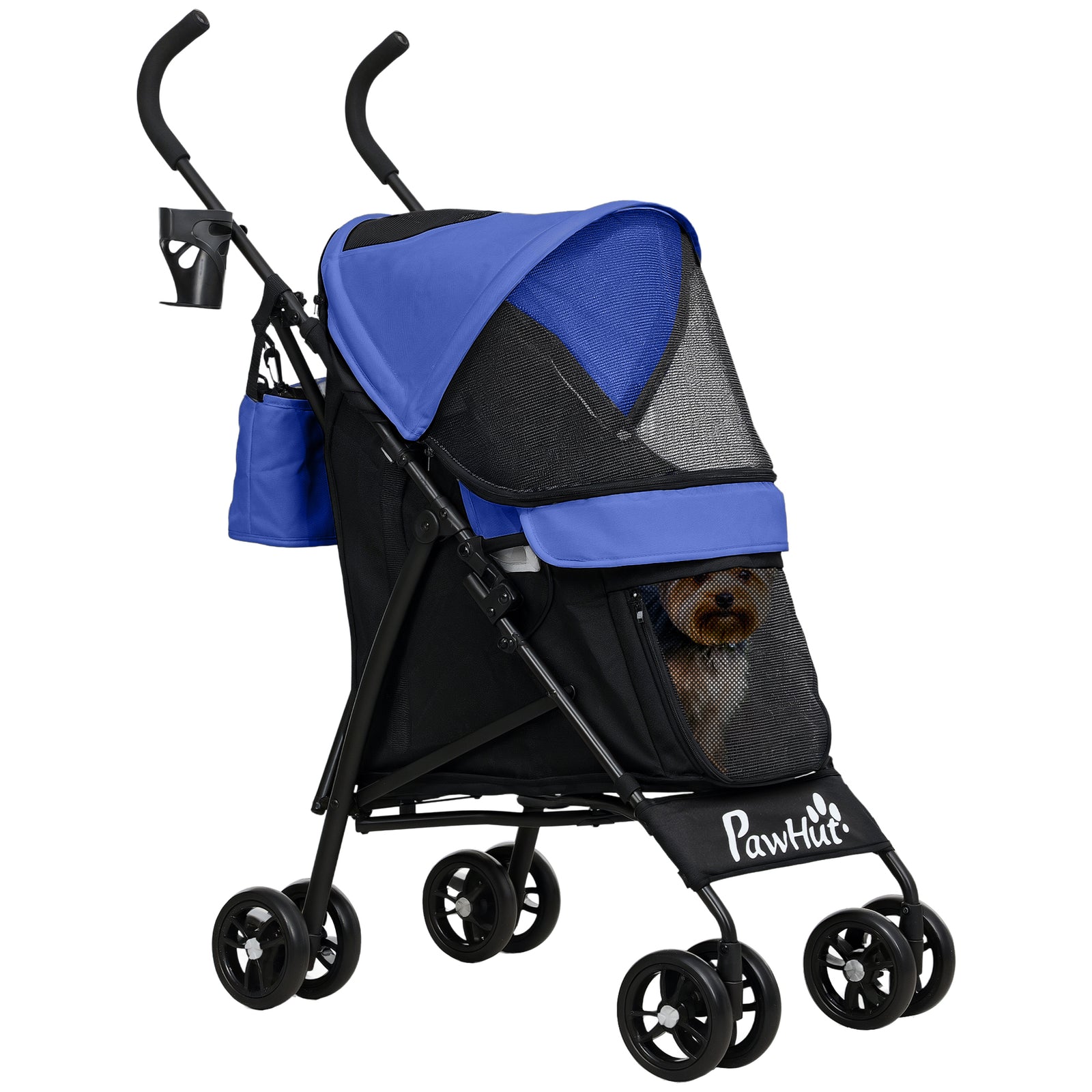 Foldable Dog Stroller, Lightweight Dog Pram w/ Shoulder Strap, Storage Bag, Cup Holder, Dark Blue