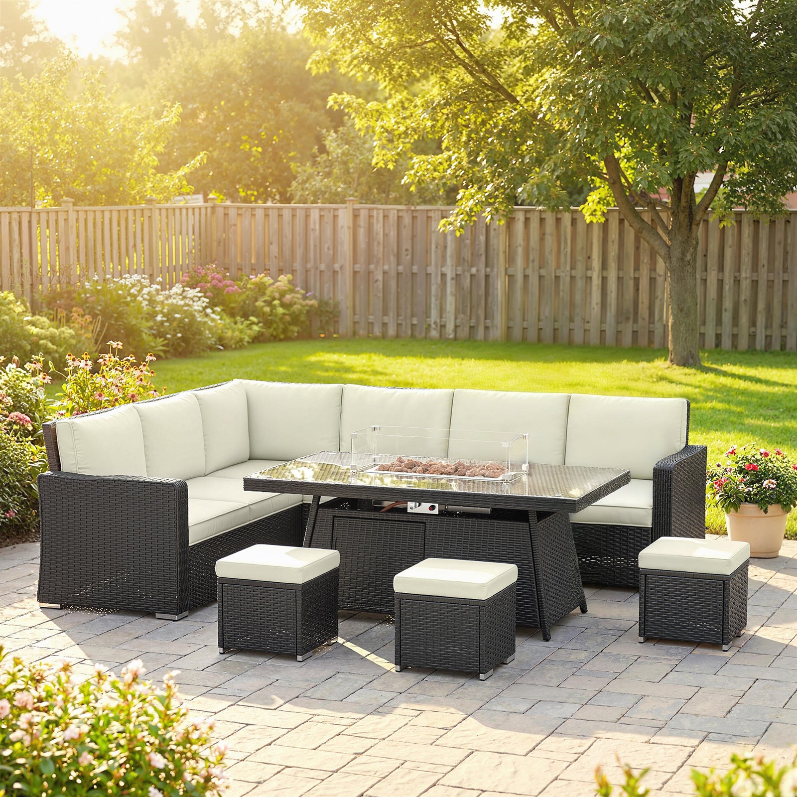 7 Pieces PE Rattan Garden Furniture Set, 50,000 BTU Gas Fire Pit Table