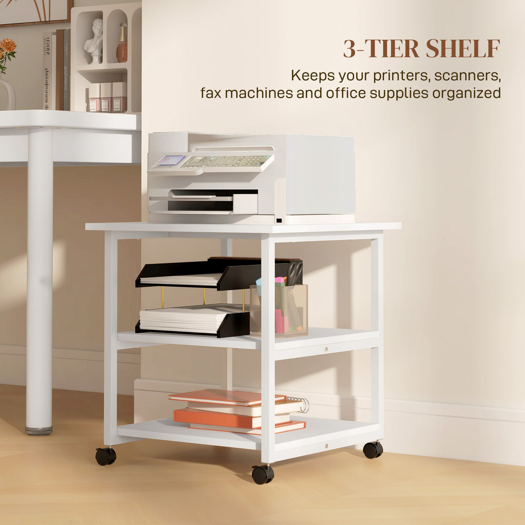 HOMCOM 3-Tier Printer Stand w/ Storage Shelf, Mobile Printer Table on Wheels, 50 x 50 x 52.5cm Rolling Printer Cart for Home Office, White | Aosom UK