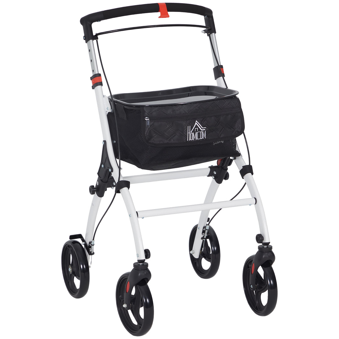 Folding Upright Rollator Walker with Lightweight Walking Frame, Storage Bag, Tray, Dual Brakes, Adjustable Handle Height, Mobility Aid Rolling 4 Wheeled Walker for Seniors, White