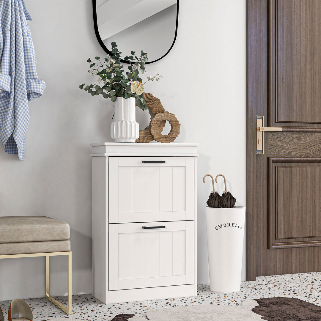 Two-Drawer Minimalistic Shoe Storage Cabinet, for 10 Shoes, White