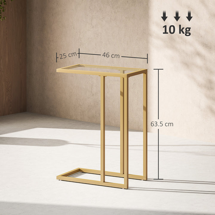 C-Shaped Side Table, Modern Slim End Table with Tempered Glass Tabletop, Steel Frame for Small Space, Living Room, Bedroom, Gold Tone