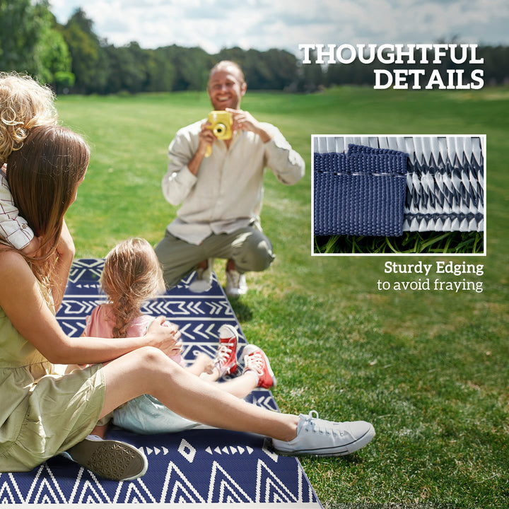 Reversible Outdoor Rug with Carry Bag, Waterproof Plastic Straw Mat for Garden, Deck, RV, Picnic, Beach, Camping, 182 x 274cm, Dark Blue and White