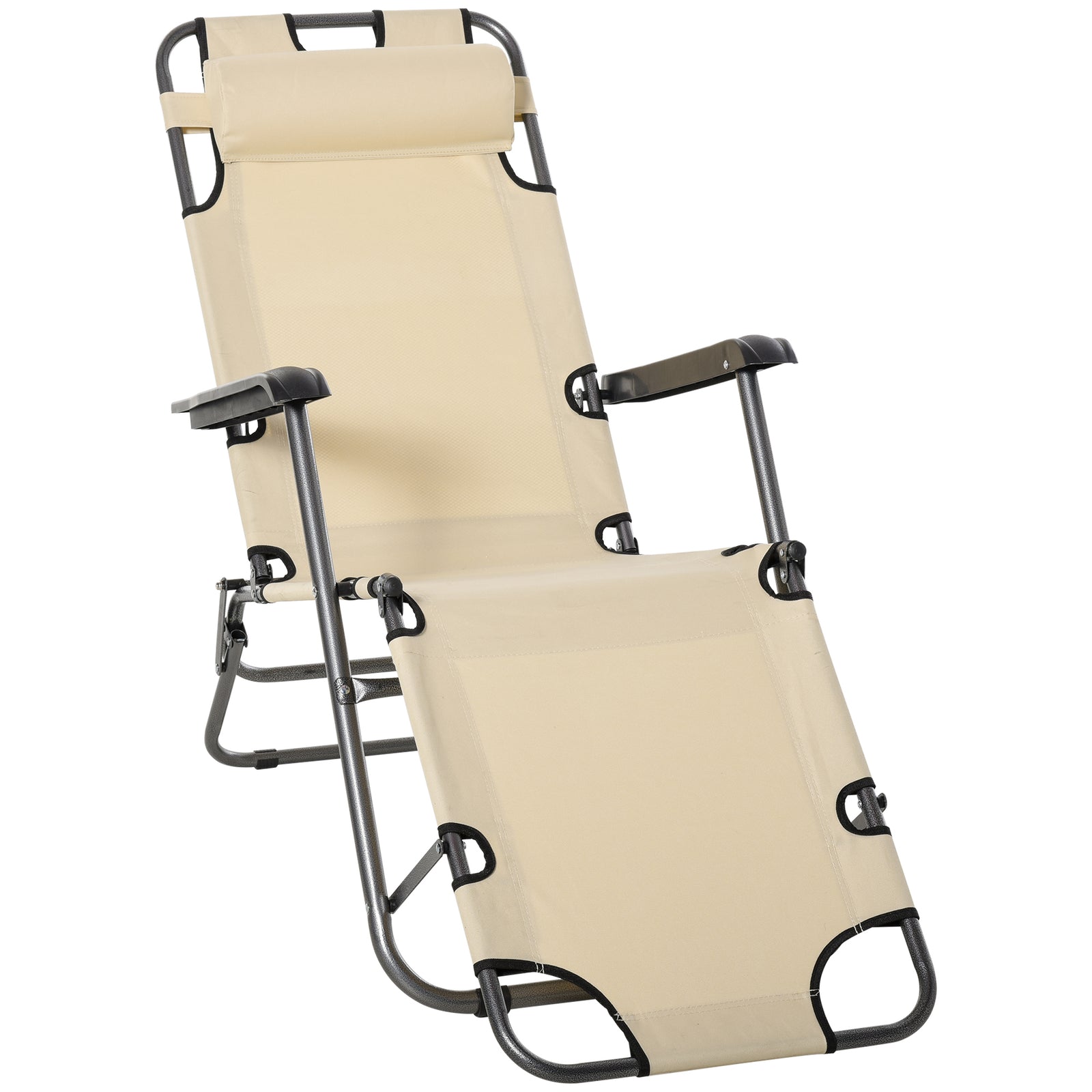 2 in 1 Folding Sun Lounger Reclining Garden Chair with 2-Level Adjustable Backrest, Outdoor Zero Gravity Recliner Garden Chair with Head Pillow and Armrests, Beige