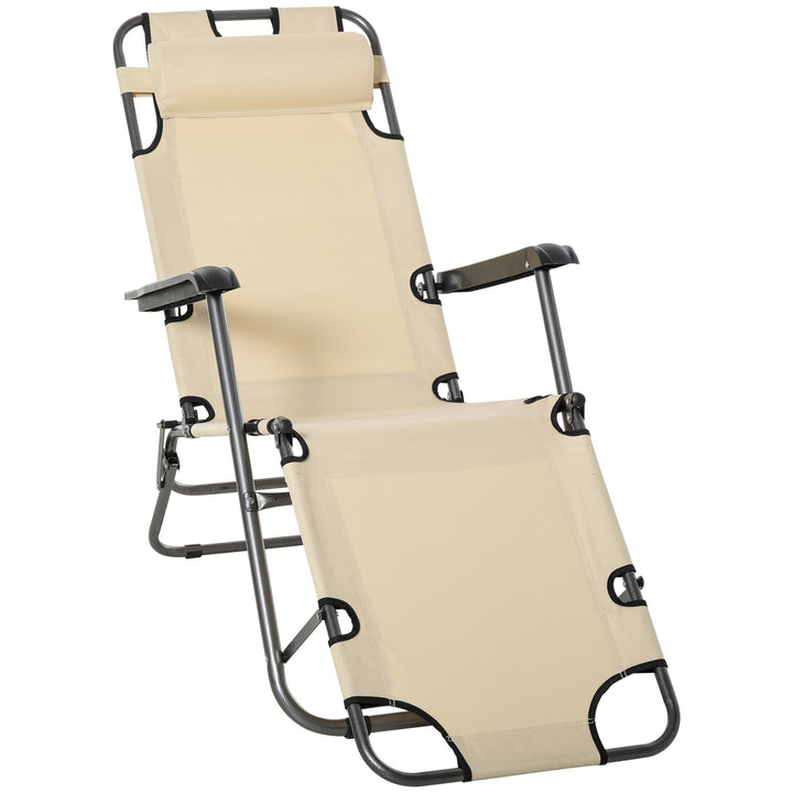 2 in 1 Folding Sun Lounger Reclining Garden Chair with 2-Level Adjustable Backrest, Outdoor Zero Gravity Recliner Garden Chair with Head Pillow and Armrests, Beige