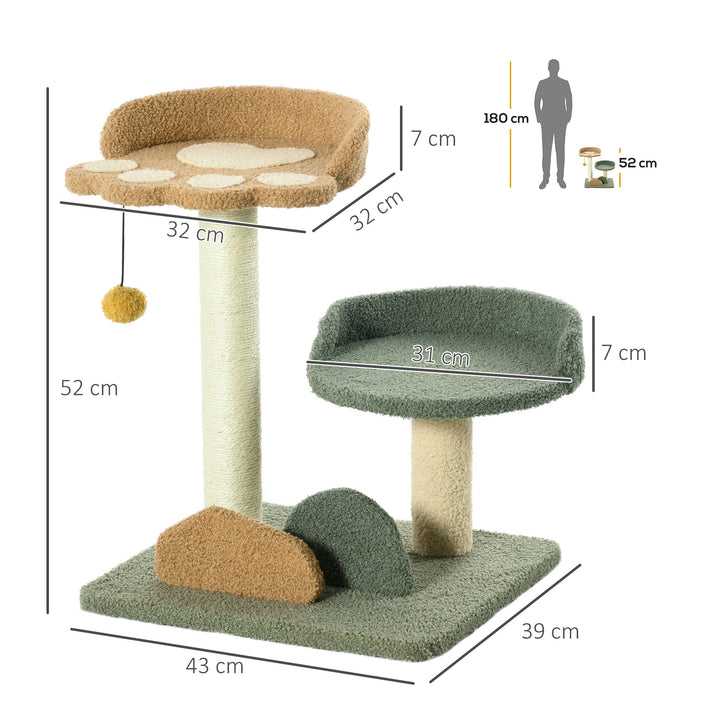 PawHut Compact Cat Tree for Kittens, with Scratching Posts, Dual Beds & Play Ball, 43 x 39 x 52cm, Grey