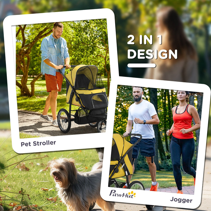 Foldable Pet Stroller Jogger, with Three Wheels, Canopy, for Medium and Small Dogs, Yellow