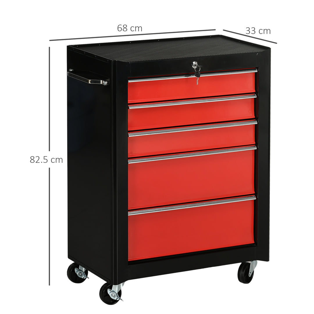 HOMCOM Tool Chest with 5 Drawers, Lockable Steel Storage Cabinet on Wheels with Handle, Red, for Garages & Workshops | Aosom UK