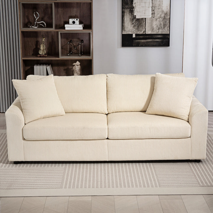 Modern 3 Seater Sofa with Spring Cushion, 212 cm Fabric Jumbo Cord Sofa Couch with 2 Scatter Cushions, Upholstered Corduroy Settee for Living Room, Bedroom, Home Office, Cream White