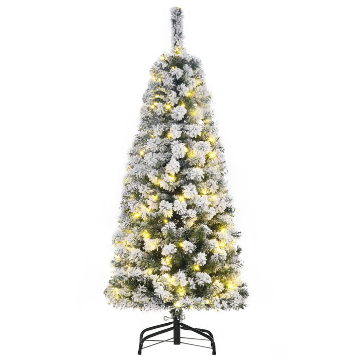 4FT Prelit Artificial Snow Flocked Christmas Tree with Warm White LED Light, Holiday Home Xmas Decoration, Green White