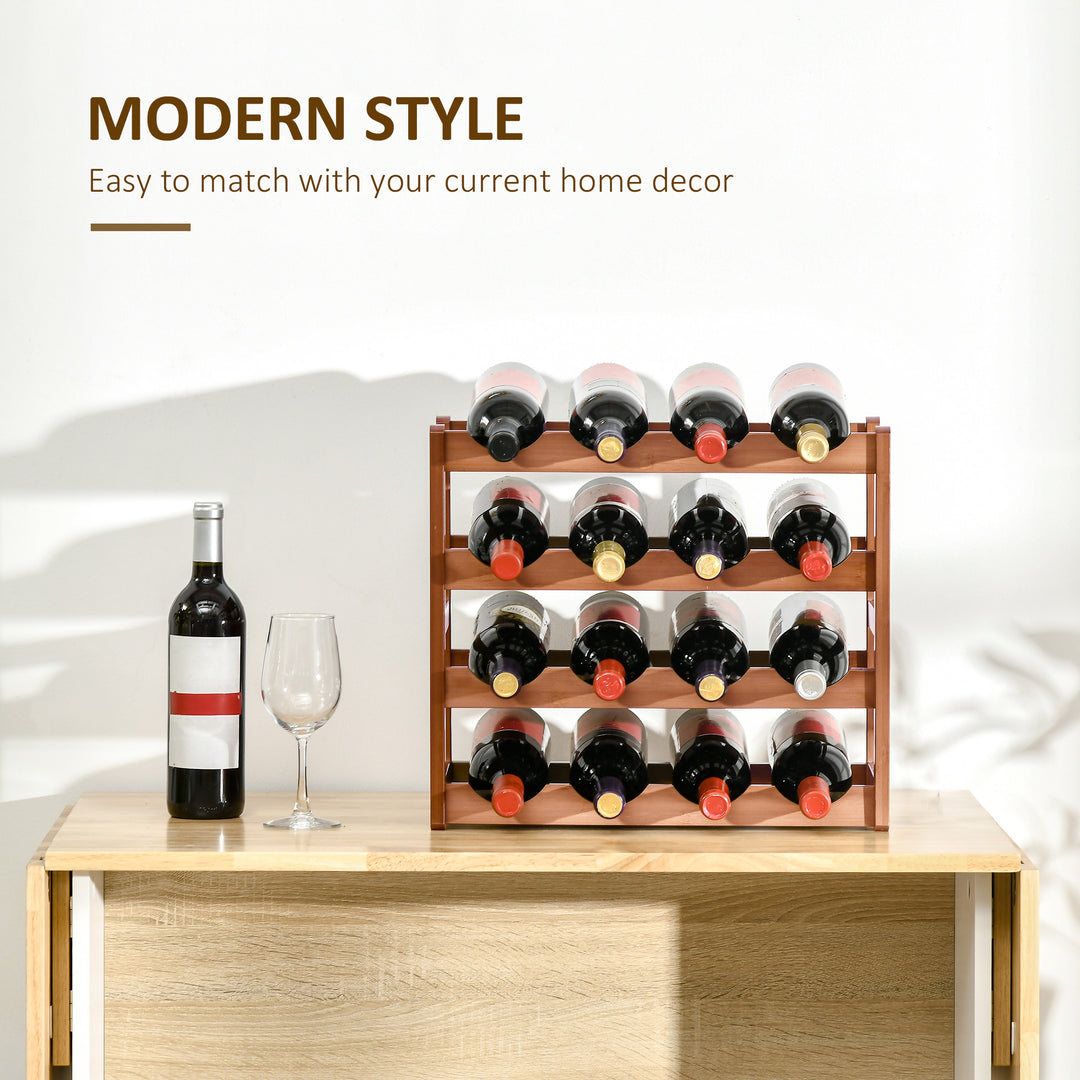 Free Standing Bamboo Wine Rack with 16 Bottles Holder, 4-tier Water Bottle Organiser, Display Shelf for Countertop, Home Bar, Brown