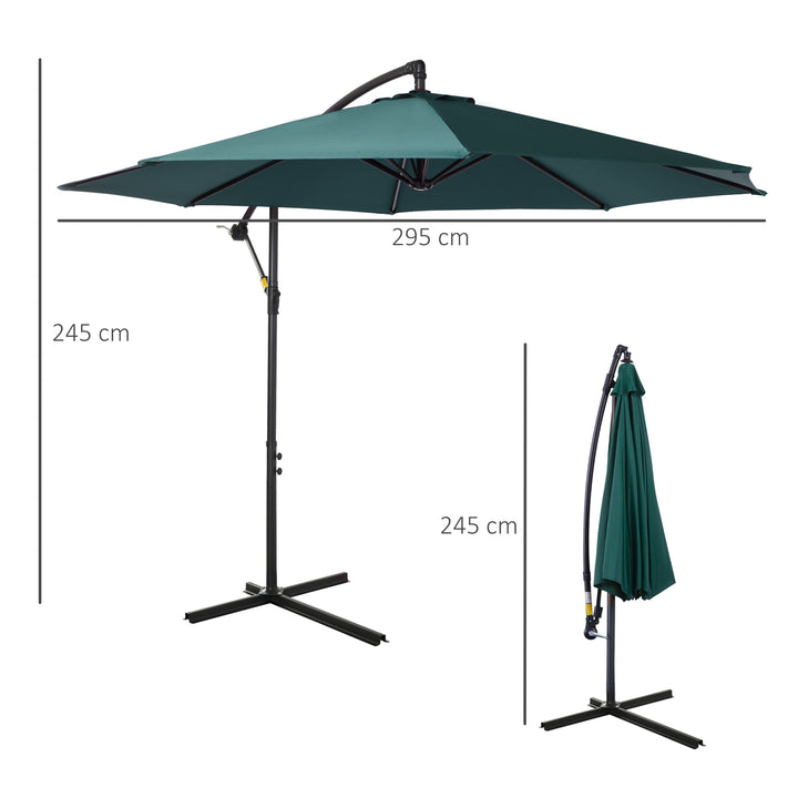 Outsunny Cantilever Parasol, 3m Banana Hanging Umbrella with Crank Handle, 8 Ribs, Cross Base, Outdoor Sun Shade, Dark Green